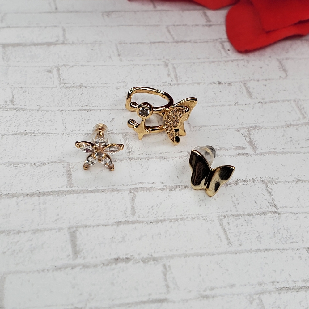 3pcs butterfly studd earrings gold